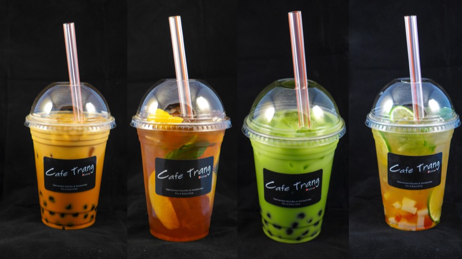 Row of Cafe Trang boba tea drinks