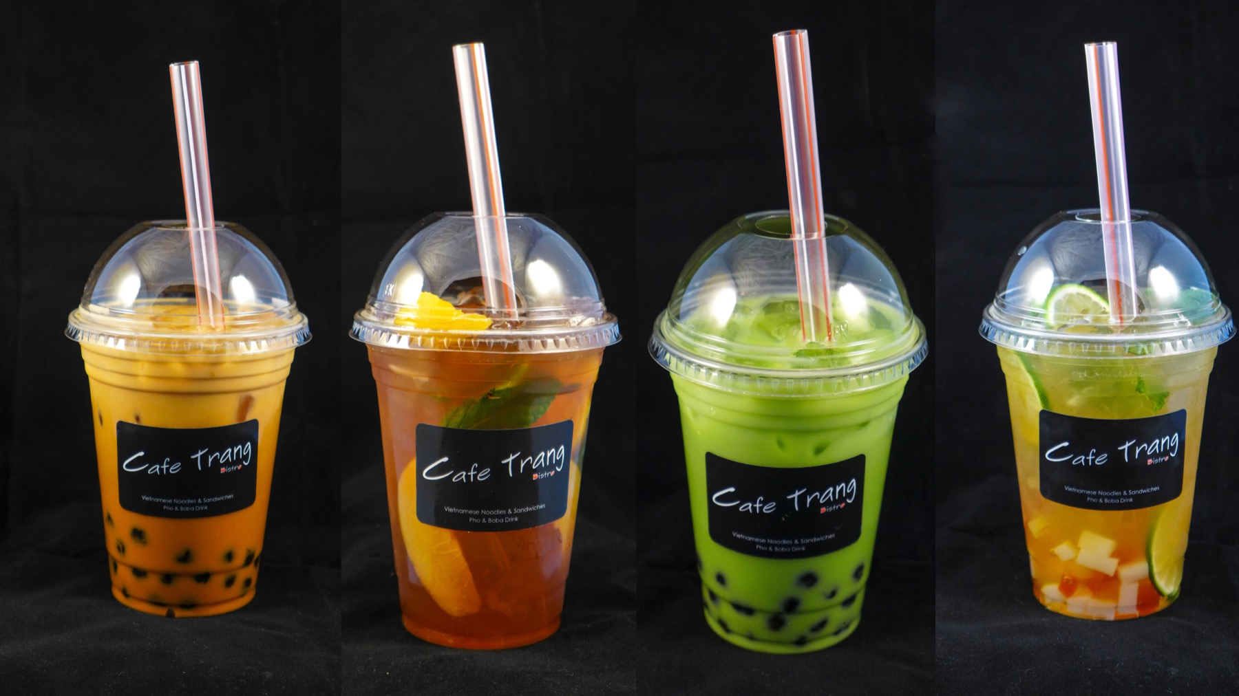 Four Cafe Trang boba tea drinks in a row